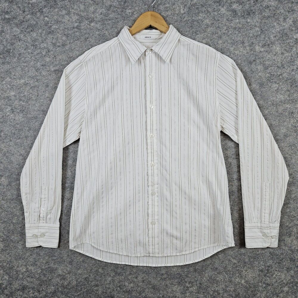BKE Men's White With Silver & Gold Stripes Size L Athletic Fit Button Up‎ Shirt